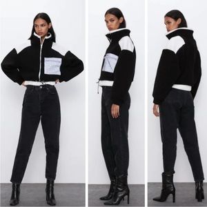 Zara Teddy Fleece & Neoprene Zip Front Jacket in Black & White Small